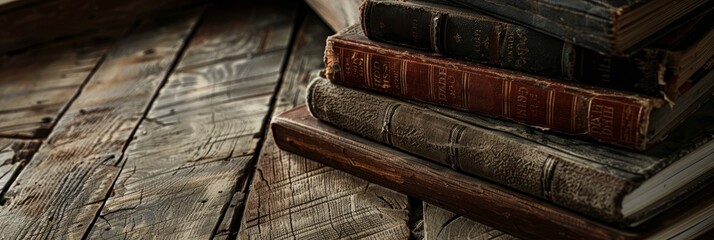 Wall Mural - Close-up of antique books neatly stacked on rustic wooden table, showcasing spines, vintage feel