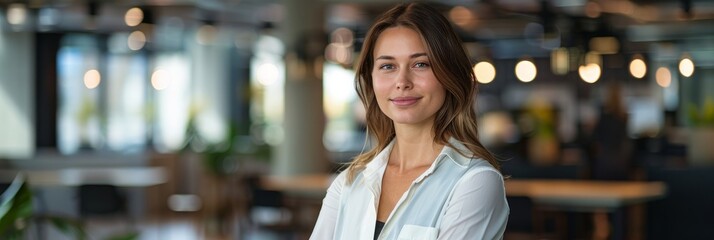 Wall Mural - A confident female entrepreneur stands in a modern coworking space, looking directly at the camera