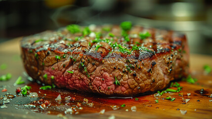 Wall Mural - A close-up image of a grilled steak, perfectly cooked and seasoned, resting on a wooden cutting board. The steak is topped with fresh herbs and surrounded by salt and pepper