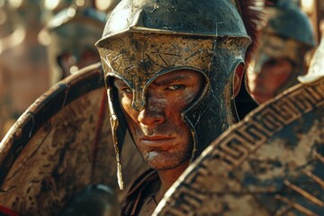 A determined Greek soldier in a bronze helmet and armor, holding a shield, ready for battle amidst fellow warriors in an ancient battleground.

