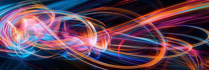 Poster - A wide-angle photograph showcasing a captivating abstract design created with vibrant neon-colored lights swirling against a dark background