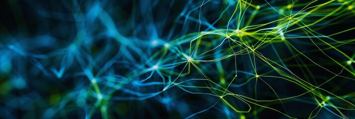 Poster - A dynamic closeup photo of a network of blue and green lines against a dark background. The lines are intricate and detailed, creating a sense of movement and connection