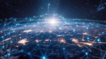 Poster - global world network and telecomunication on network of iot, blockchain with data exchanges over the world Concept of communication network technology Elements of this image furnished