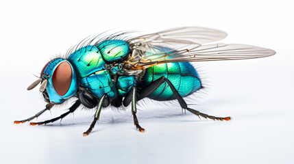 A detailed macro close up photograph of a blue and green fly on a white background