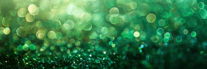 Wall Mural - A close-up, macro photo of a vibrant emerald green bokeh background, with soft, out-of-focus circles of light creating a dreamy, ethereal effect