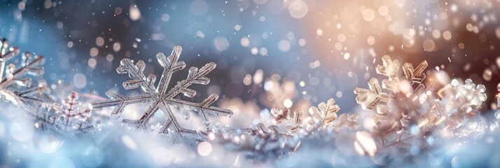 Poster - A close-up macro photograph of a decorative winter border adorned with intricate snowflakes, highlighting the delicate details and frosty beauty of the season