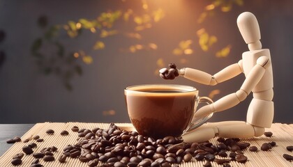 Wall Mural - cup of coffee held by wooden manikin with fresh coffee beans scattered