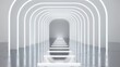© JP STUDIO LAB - White background 3D room with abstract light tunnel, futuristic stage floor, neon accents, sleek modern interior, silver road leading to a black wall, minimalist design