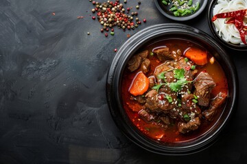 Canvas Print - Korean spicy beef stew on black background with space for text