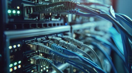 Network cables plugged into a server, showing the intricate connections and data flow.