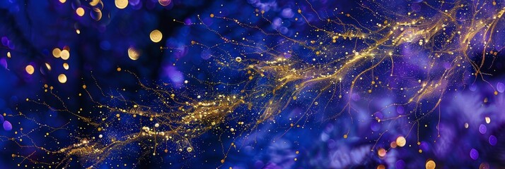 Poster - a close-up, vibrant image of gold and violet fireworks exploding against a deep blue night sky