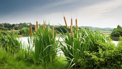 Wall Mural - bush bulrush with green grass