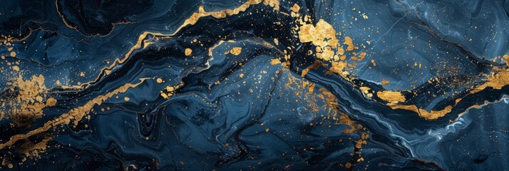 Poster - A close-up image of a blue marble background with gold splashes, creating a sophisticated and opulent aesthetic