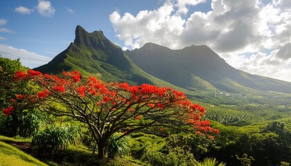 Wall Mural - beautiful mountain landscapes of mauritius island with famous red floral flame tree