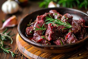 Marinated game meat in red wine sauce with herbs and garlic