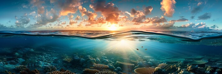 Wall Mural - A vibrant split-view image capturing a coral reef underwater during sunset, showcasing the suns rays illuminating the ocean floor