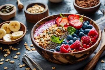 Sticker - Nutritious breakfast bowl with acai smoothie granola seeds and fresh fruits Emphasizing clean eating dieting detox and plant based food