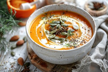 Poster - Nutritious carrot soup with seeds herbs and cream in white bowl