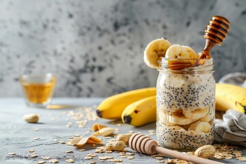 nutritious overnight oats with chia banana peanut butter and honey in a jar on concrete