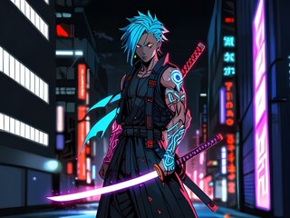 Wall Mural - A samurai with neon blue hair and red eyes
