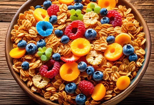 vibrant cereal bowl colorful crunchy breakfast, colors, dish, food, meal, crispy, crunchiness, crunchier, crunching, grains, grain, oats, flakes, muesli