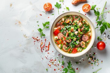 Wall Mural - Okroshka with sausage in bowl on white table space for text