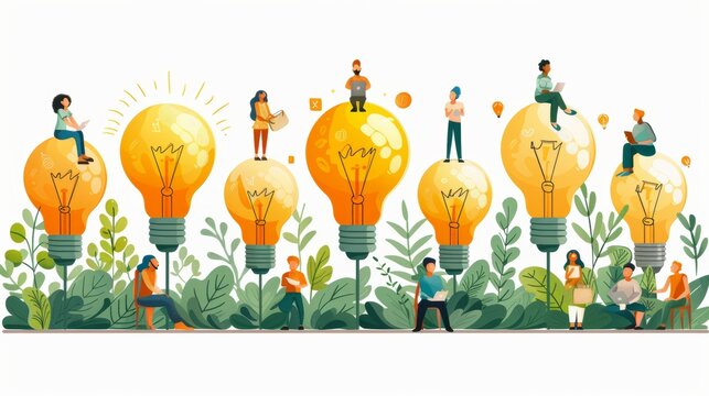 Detailed illustration of a business meeting and brainstorming, teamwork concept, little people sitting on light bulbs in search of solutions.