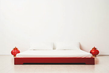 Wall Mural - Minimalistic Zen style bedroom interior with red bed and white pillows and lampshades