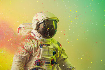 Wall Mural - Astronaut covered in colorful powder paint with a space helmet on a bright yellow green gradient background