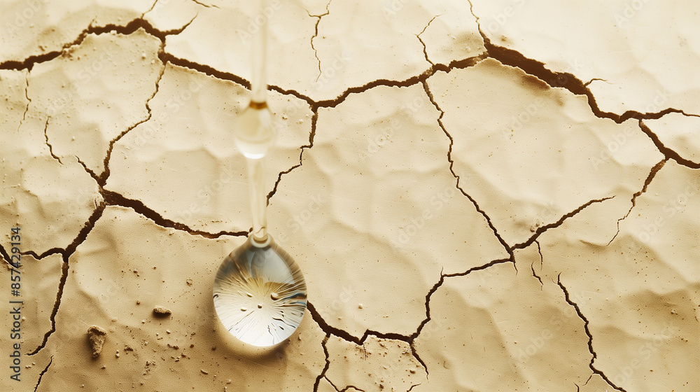 Dry cracked earth with a single water droplet symbolizing drought and ...