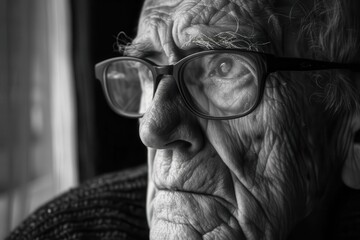 old man wearing eyeglasses pensive senior portrait black and white photography