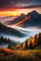 Wall Mural - majestic sunrise casting warm light over misty mountain range, mountains, glowing, sky, scenic, view, horizon, peaks, shadows, valleys, landscape, scenery