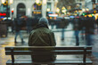 © Nart - A lonely man sits on a bench on a busy city street. People pass by. Photo generated using AI