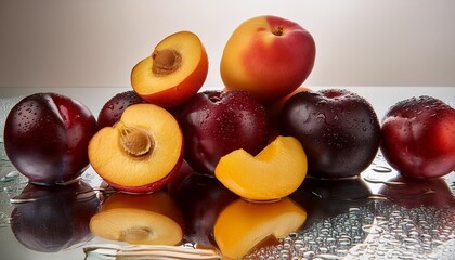 Wall Mural - a lot of bright fruits whole and cut peaches and plums on a mirror white background in water drops isolated