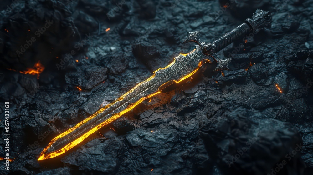 Glowing sword on dark rough rock backgrounds, game scene or fantasy ...