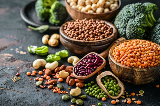 Plant based protein sources including legumes fruit seeds nuts and veggies Diet rich in protein antioxidants vitamins and fiber