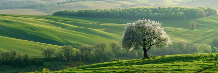 lonely flowering tree against the backdrop of green hills. Photo generated using AI