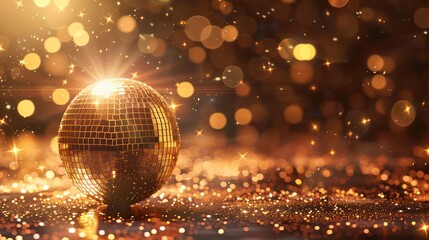 Wall Mural - golden shiny disco ball with lights on shiny glowing abstract background, with copy space. generativ