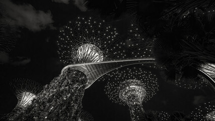 Poster - Singapore - September 13, 2023: Illuminated supertrees of Gardens by Bay nature park at night