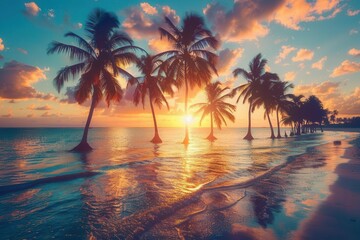 Wall Mural - scenic tropical beach at sunset palm trees silhouette exotic summer vacation destination dreamy landscape photography