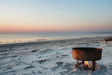 Canvas Print - serene barbecue grill pit on deserted sandy beach at sunset minimalist landscape photo