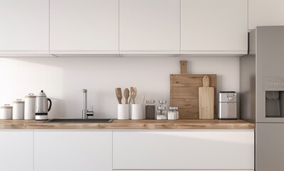 Wall Mural - White kitchen with a wooden countertop, natural light, minimalist style, natural colors 