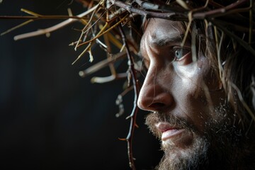 Wall Mural - A man wearing a crown of thorns, often a symbol of suffering and sacrifice