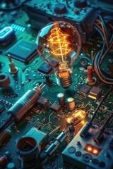 Poster - a detailed view of a light bulb connected to a computer motherboard, suitable for electronics or tec
