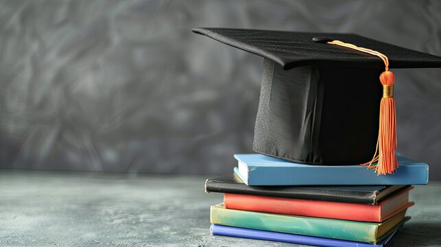 Graduation hat and stack of study books with copy space