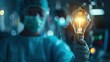 © florynstudio3 - healthcare in medical technology concept, medicine doctor hold the light bulb in hospital which hope of life to recover patient from corona virus 19, covid-19 with hospital background
