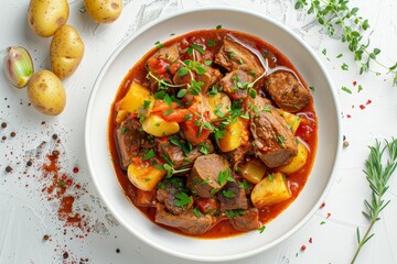 Canvas Print - Stewed potatoes and meat in tomato sauce with seasonings on a white table without people