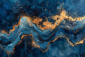 Canvas Print - Abstract Golden Waves In Blue Marble