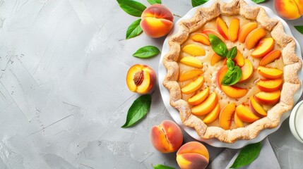 Wall Mural - A peach and walnut pie on a white plate, with fresh peaches and milk on a grey background