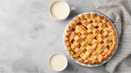 Wall Mural - A peach and walnut pie on a white plate, with fresh peaches and milk on a grey background